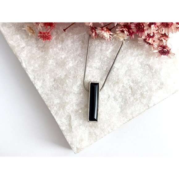Minimalist Black Onyx Sterling Silver 925 Vintage Pendant Necklace - 17" - Picture 15 of 16